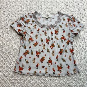 no comment Shirt Girls Small 7/8 Gray Floral Short Sleeve Ribbed Casual Top